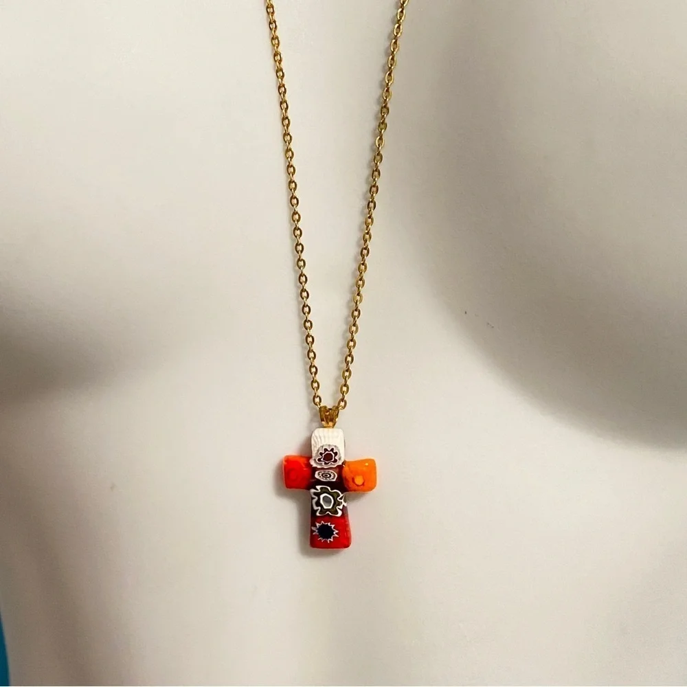 Art Glass Millefiori Christian Cross Pendant Necklace on Vintage Gold To…